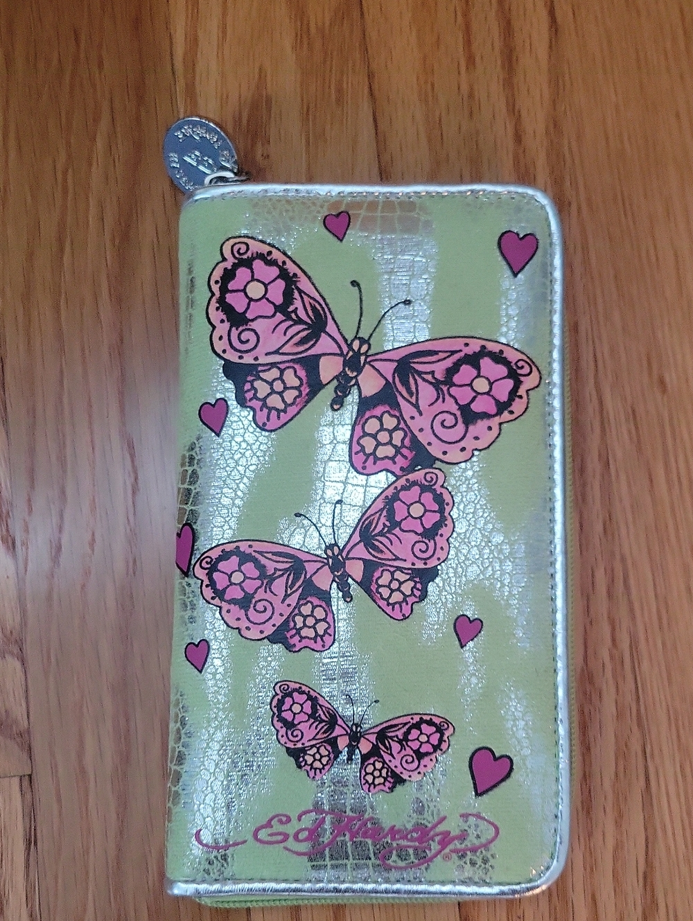 Ed Hardy Pink Butterfly Zip Phone Wallet on Metallic Green/Siver